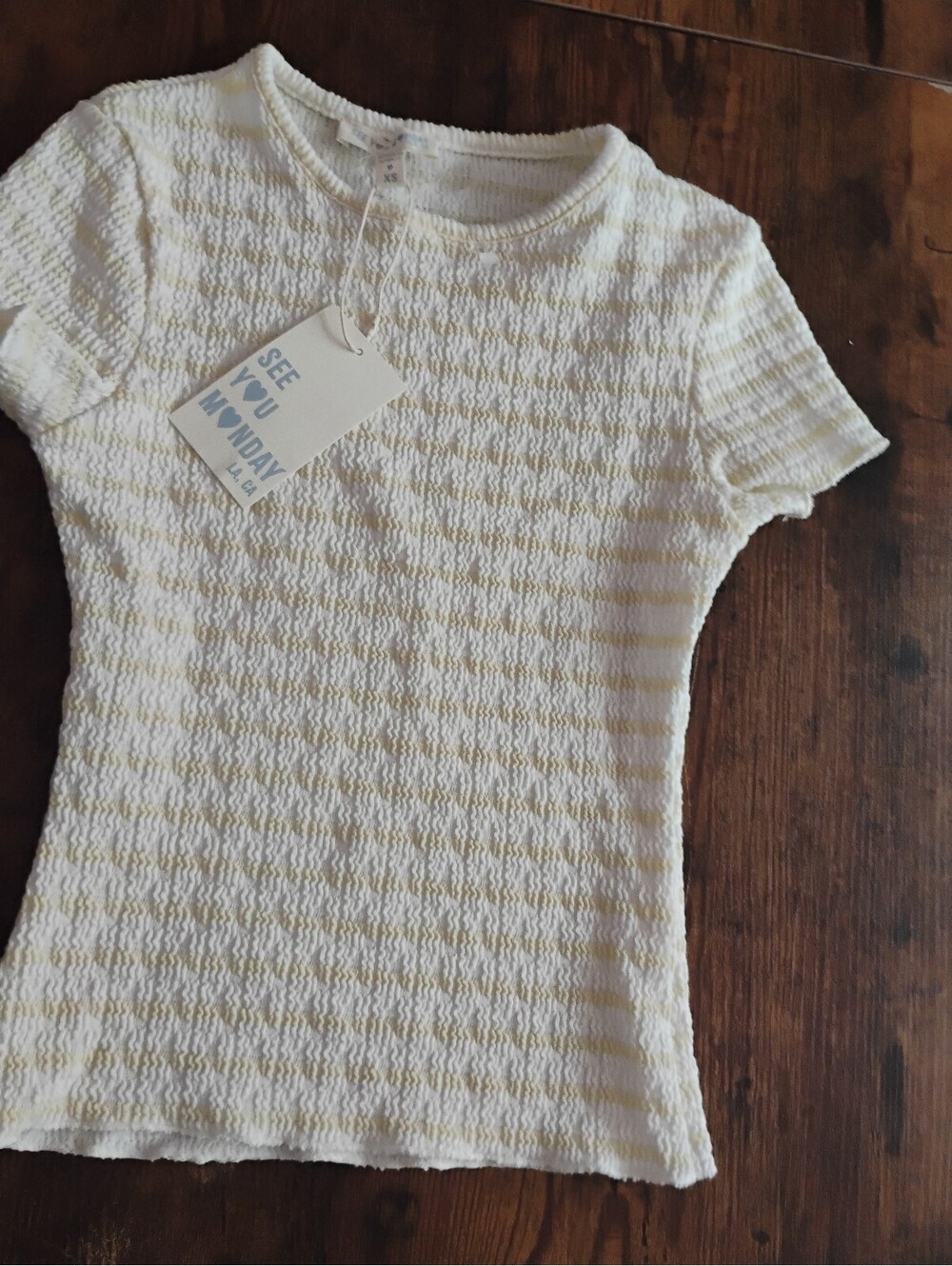 See You Monday Textured Short Sleeve T-Shirt in White and Yellow, Size XS